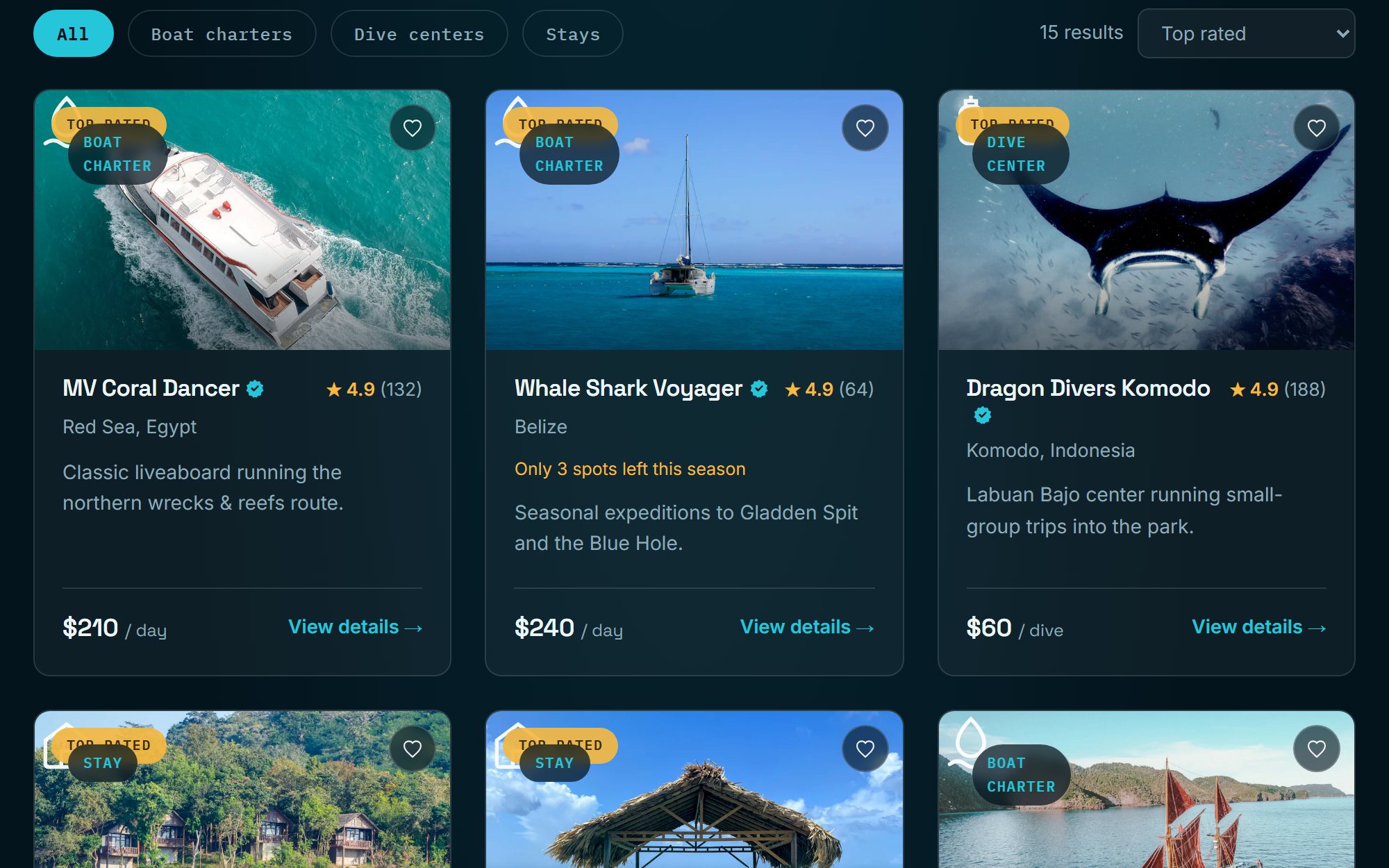 The Anchorpoint listing grid: dive boats, centers and stays shown as photographed cards with prices and ratings.