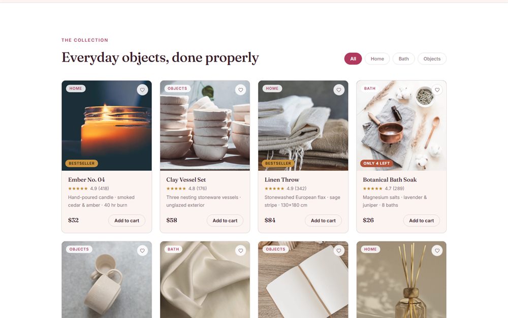 The Aurora shop grid: candles, ceramics, linen and bath goods, each photographed, with prices and add-to-cart buttons.