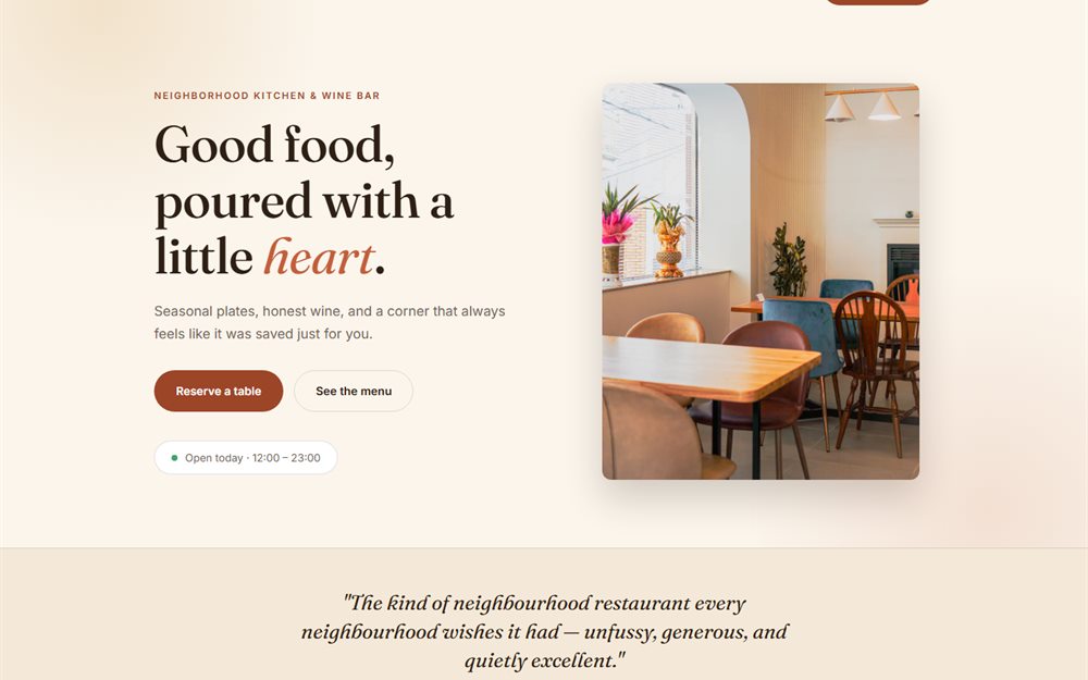 The Corner Table homepage: the headline beside a photograph of the dining room.