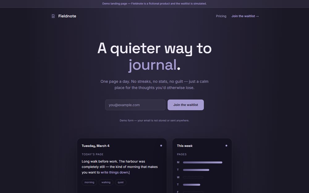 The Fieldnote homepage: the headline above two mockups of the journal interface.