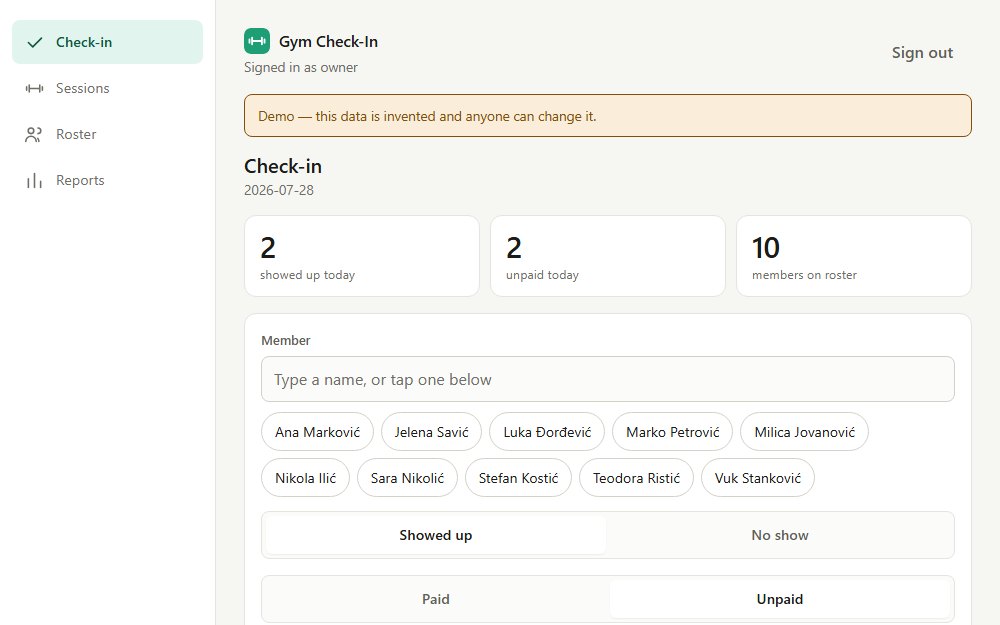 The Gym Check-In dashboard: a sidebar of sections beside the day’s attendance totals, above a member picker showing the gym’s roster as tappable names.