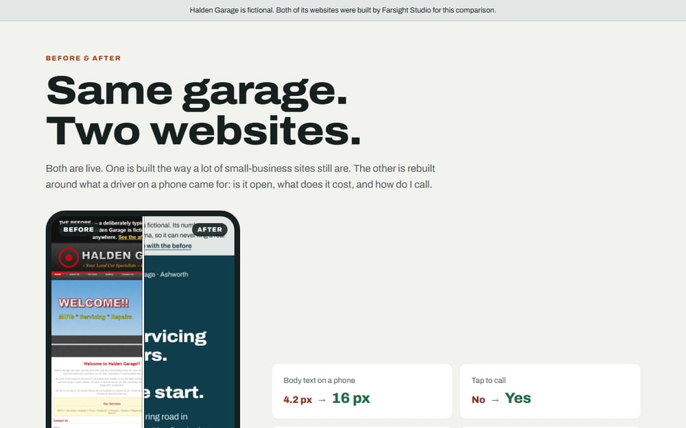 A phone-sized comparison: on the left the old garage website shrunk until its text cannot be read, on the right the rebuild with an Open now status and a Call button.