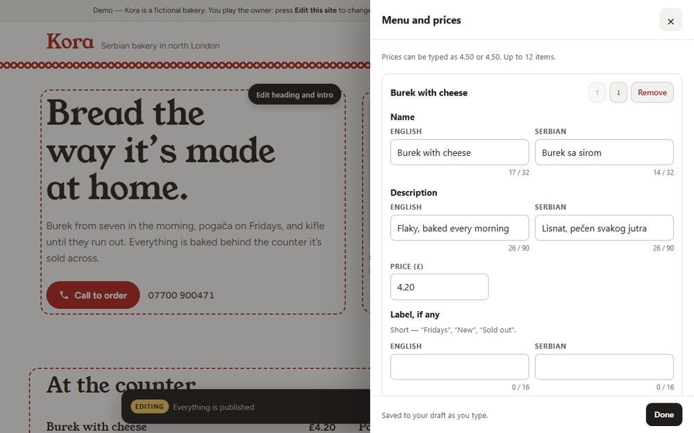 The Kora bakery site in edit mode: dashed outlines around each section, and a panel beside it holding the menu’s names and prices in English and Serbian.