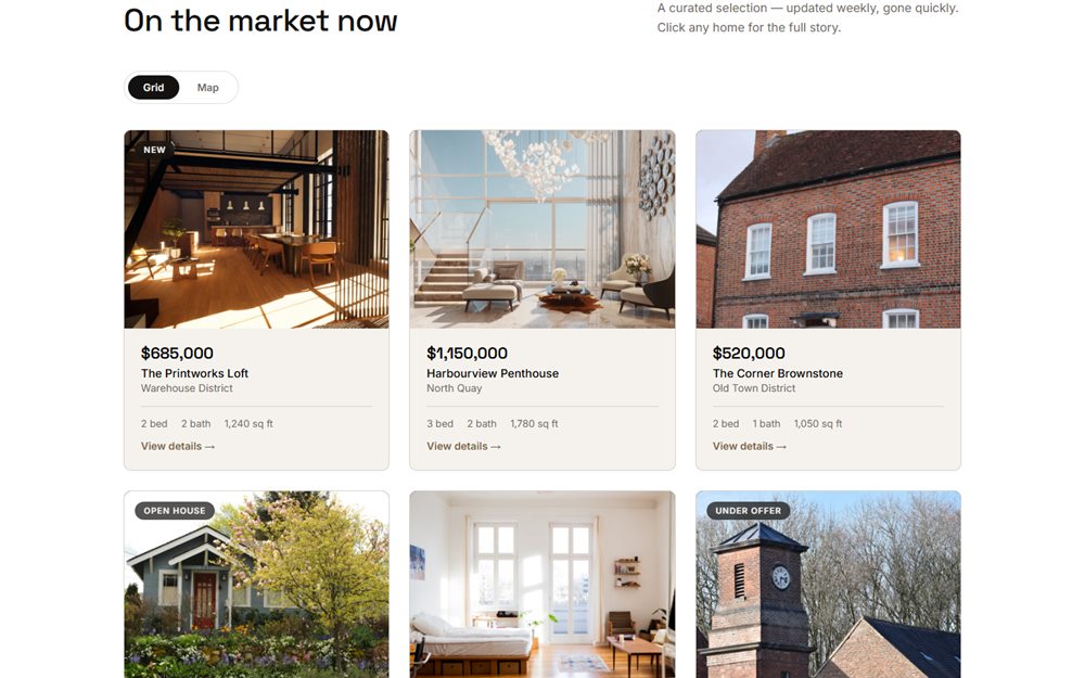 The Loft and Co listings grid: six properties, each with its own photograph, price and specification.