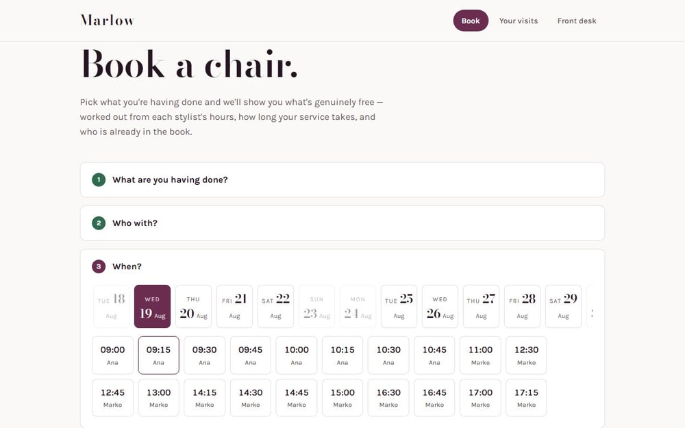 The Marlow booking screen: a row of dates above a grid of available start times, each labelled with the stylist who is free.