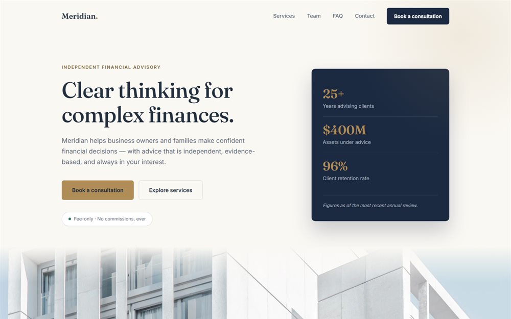 The Meridian homepage: a headline over a dark panel of firm statistics, above a photographed architectural band.
